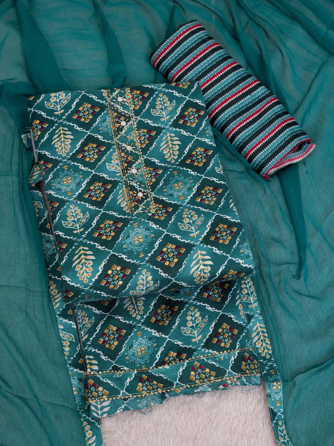 

KALINI Printed Unstitched Dress Material, Teal