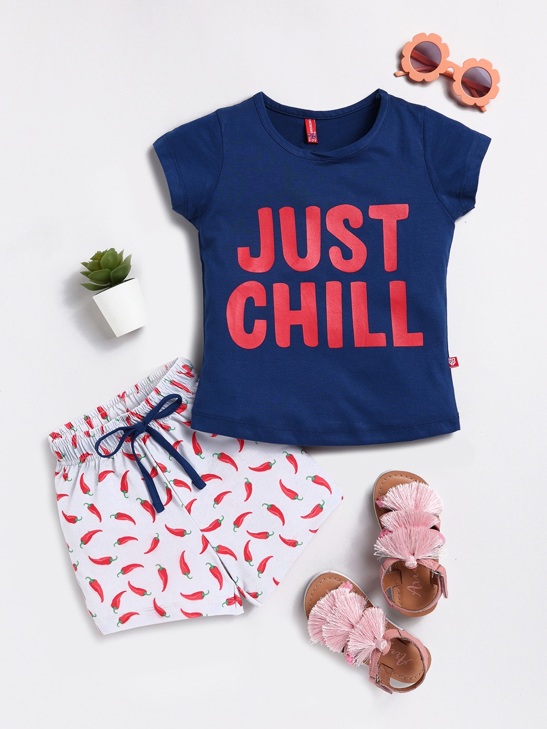 

Here&Now X Game Begins Girls Cotton Printed T-shirt with Shorts, Navy blue