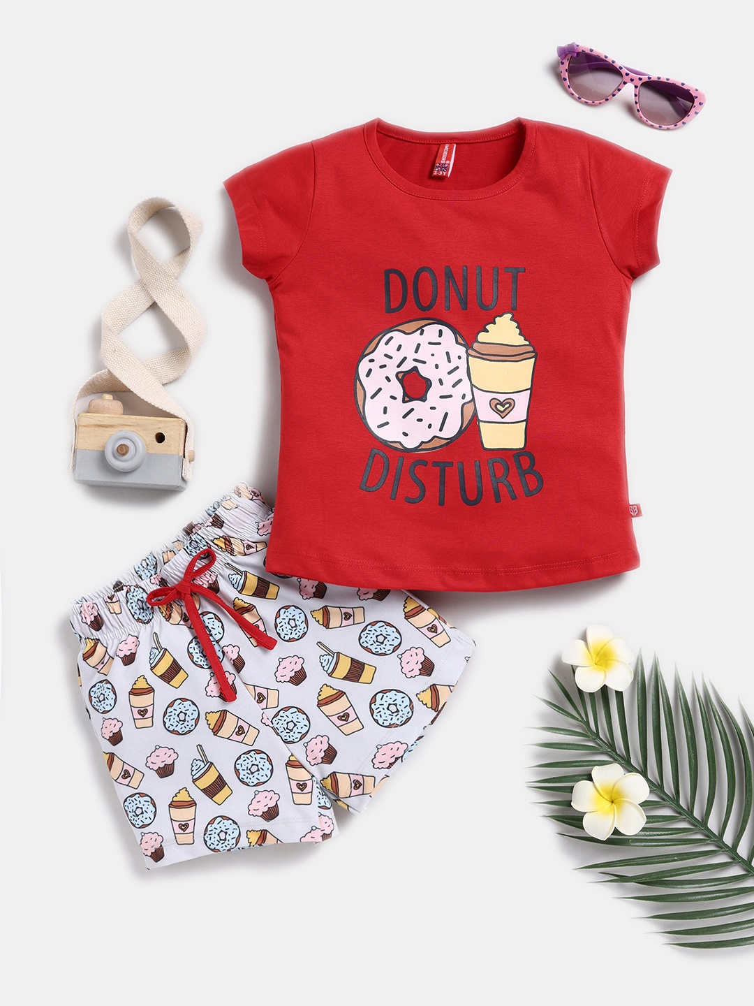 

Here&Now X Game Begins Girls Cotton Printed Top with Shorts, Red