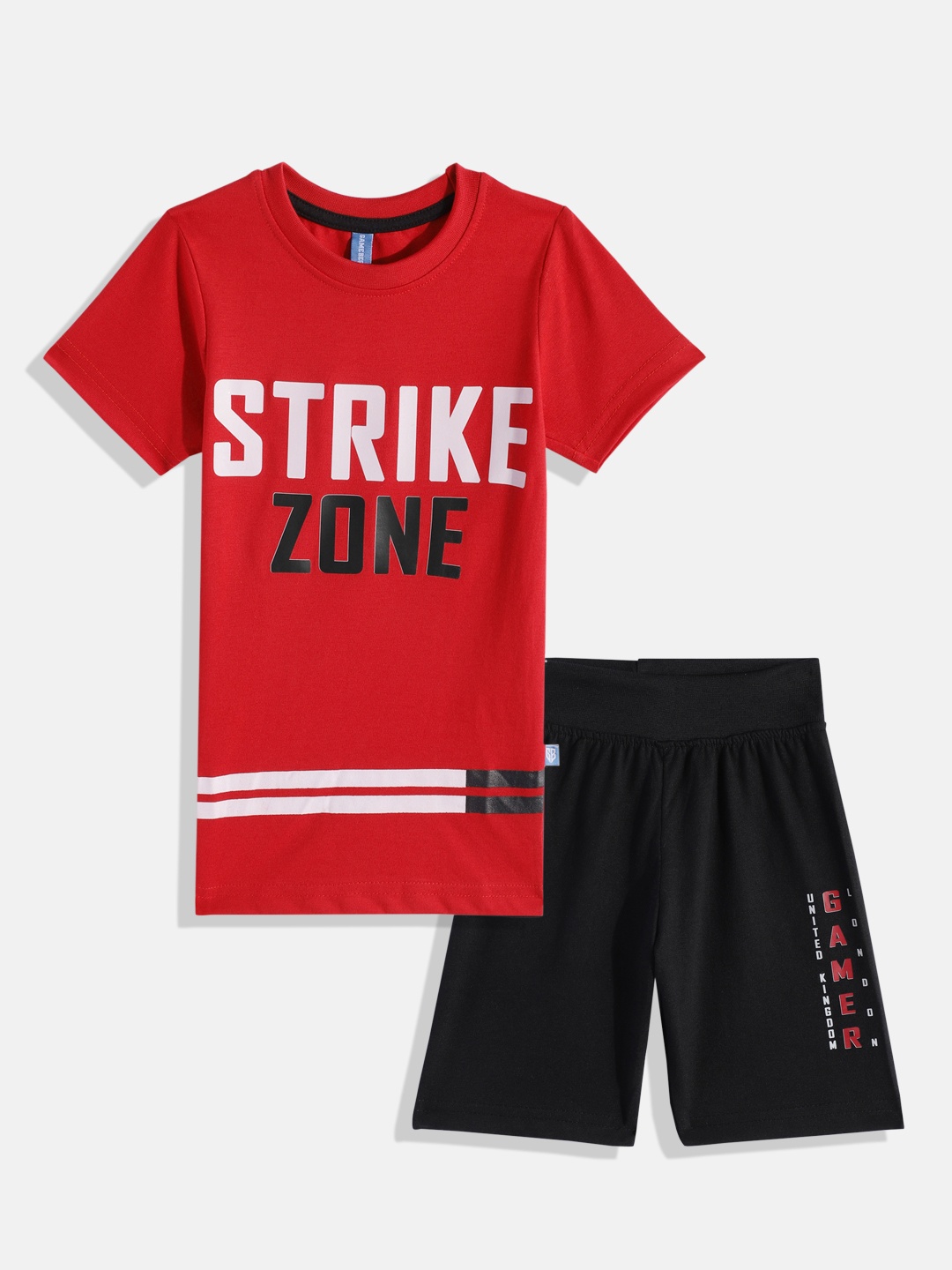 Here&Now X Game Begins Boys Printed Cotton T-shirt with Shorts, Red