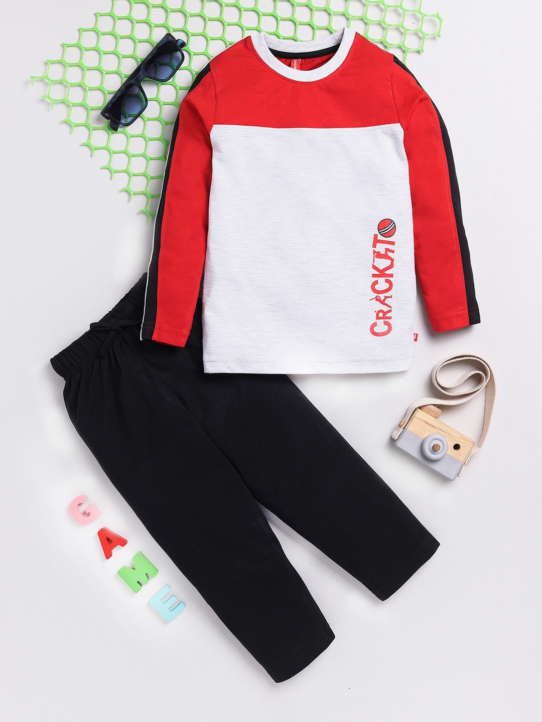 

Here&Now X Game Begins Boys Premium Cotton Colourblocked T-shirt with Trouser, Grey melange