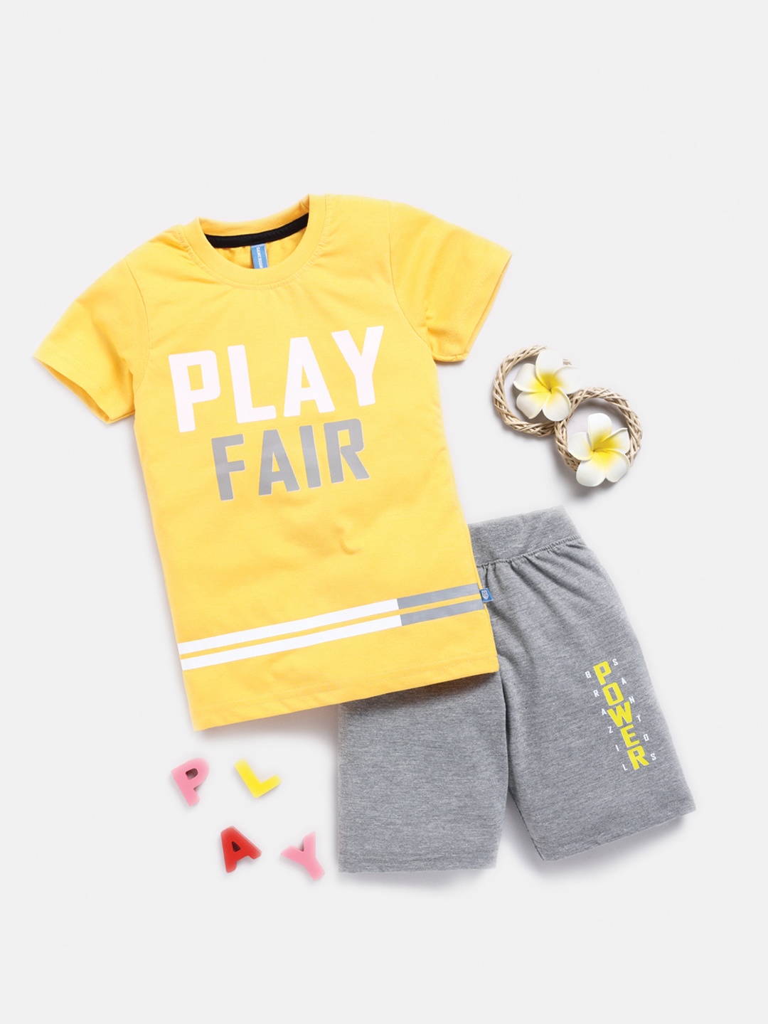 

Here&Now X Game Begins Boys Printed Pure Cotton T-shirt with Shorts, Yellow