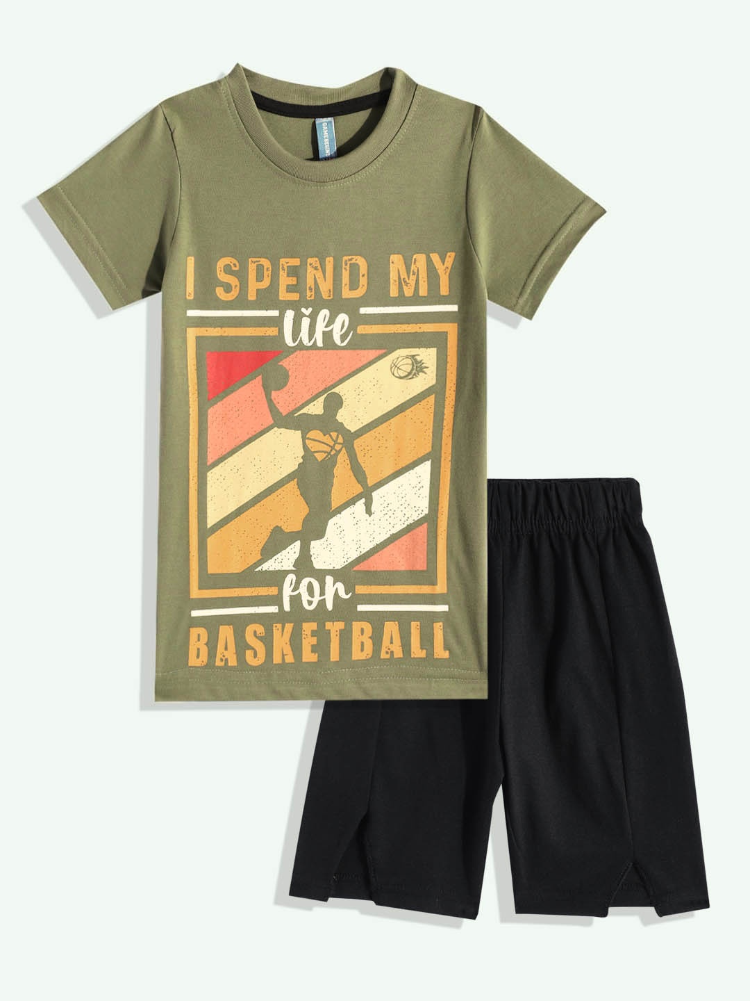 

Here&Now X Game Begins Boys Printed Cotton T-shirt with Shorts, Olive