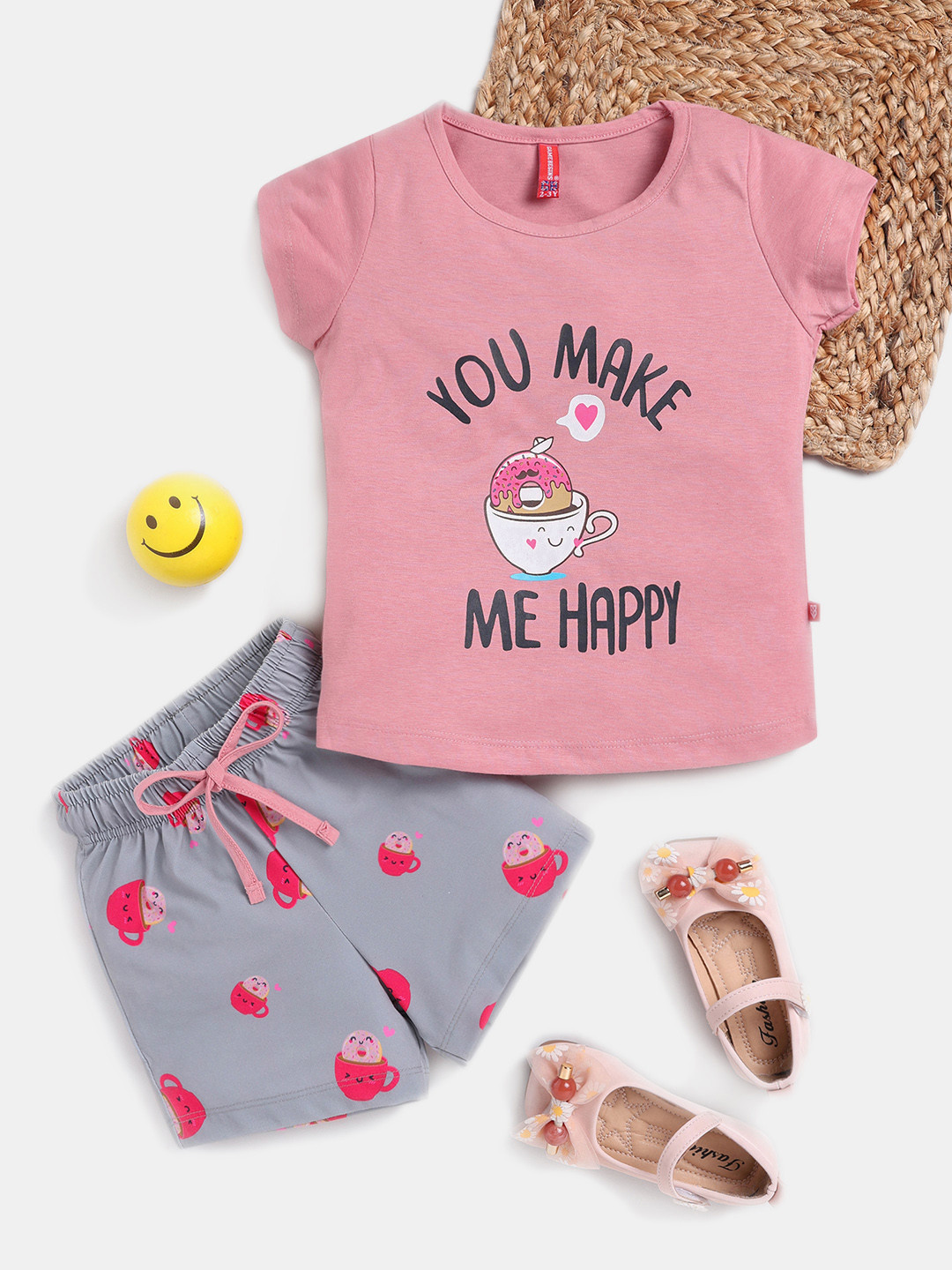 

Here&Now X Game Begins Girls Cotton Printed Top with Shorts, Pink