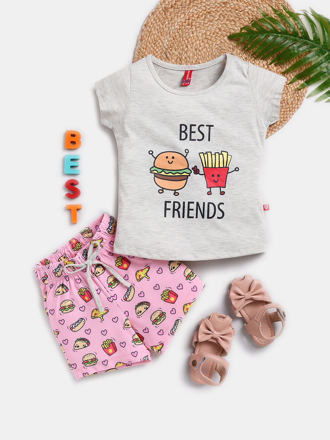 

Here&Now X Game Begins Girls Cotton Printed Top with Shorts, Grey melange