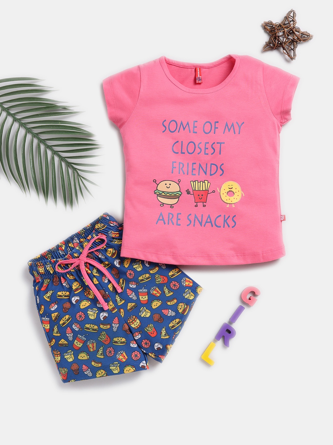 

Here&Now X Game Begins Girls Cotton Printed T-shirt with Shorts, Pink
