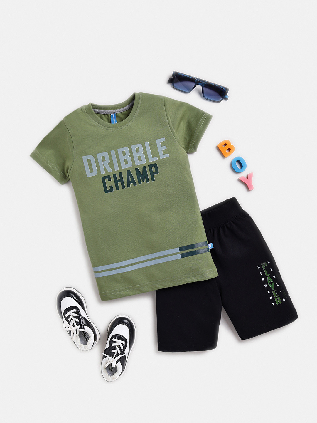 

Here&Now X Game Begins Boys Printed Pure Cotton T-shirt with Shorts, Olive