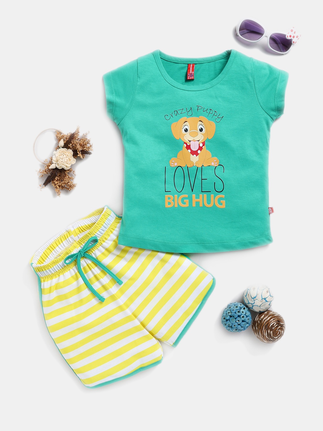 

Here&Now X Game Begins Girls Cotton Printed T-shirt with Shorts, Green
