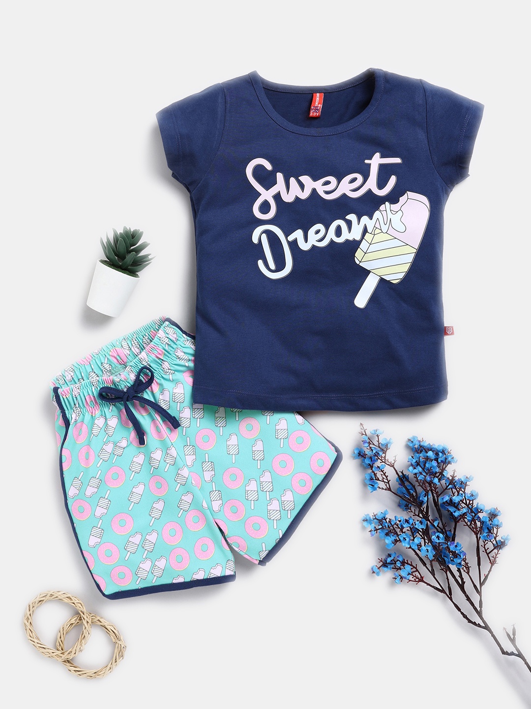 

Here&Now X Game Begins Girls Cotton Printed T-shirt with Shorts, Navy blue