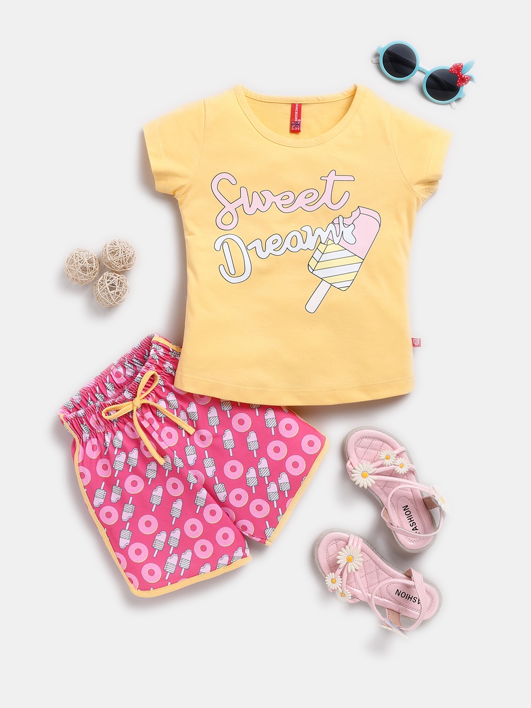 

Here&Now X Game Begins Girls Cotton Printed Top with Shorts, Yellow