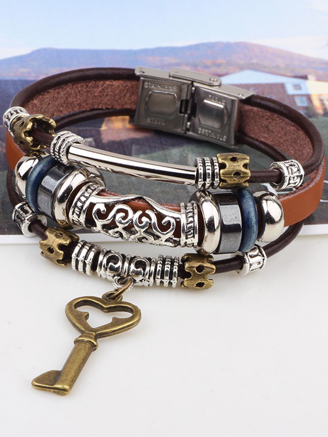 

Young & Forever Unisex Leather Oxidised Wraparound Bracelet, Brown