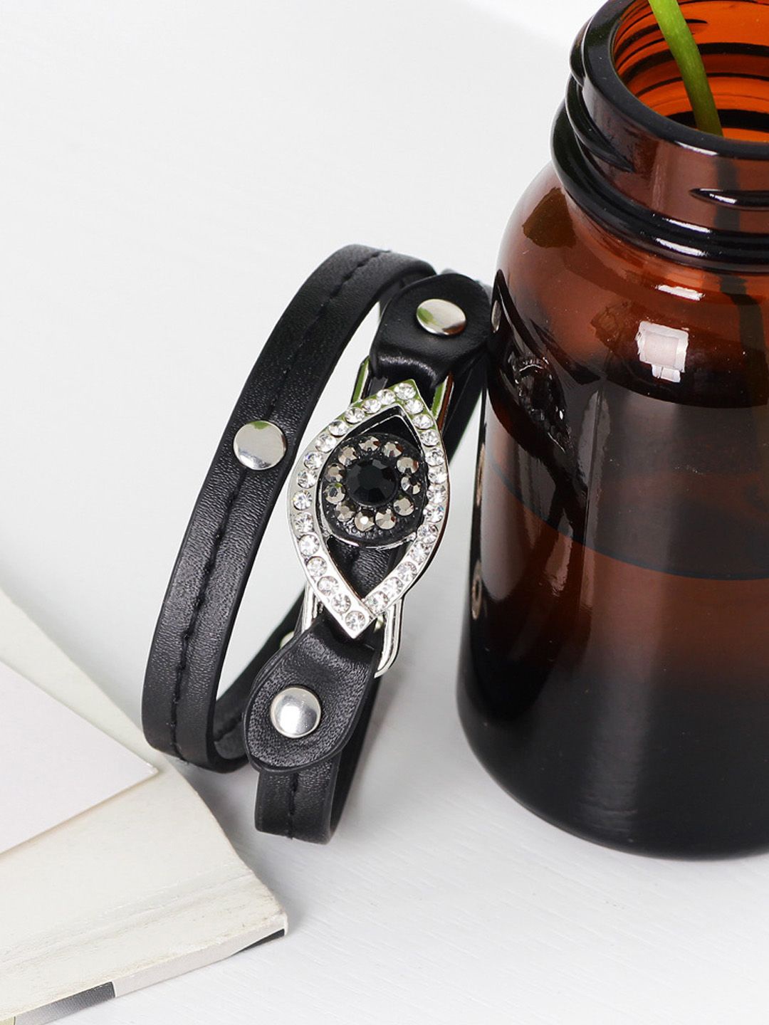 

Young & Forever Artificial Stones Leather Wraparound Bracelet, Black