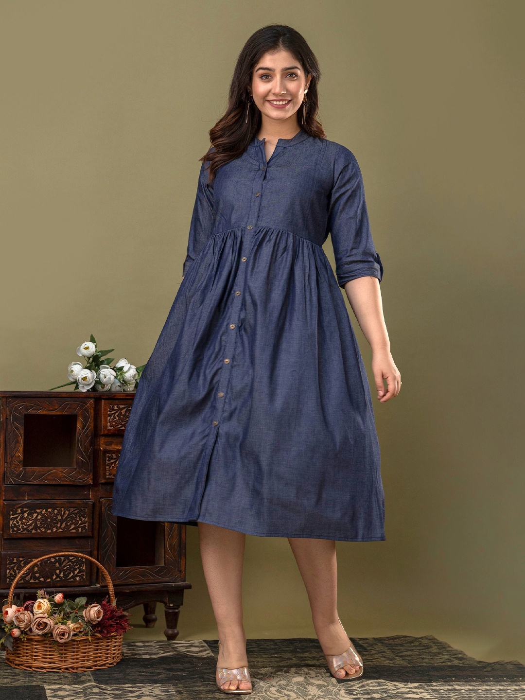 

CELEBRAVO Women Mandarin Collar Cotton Fit and Flared Dress, Blue