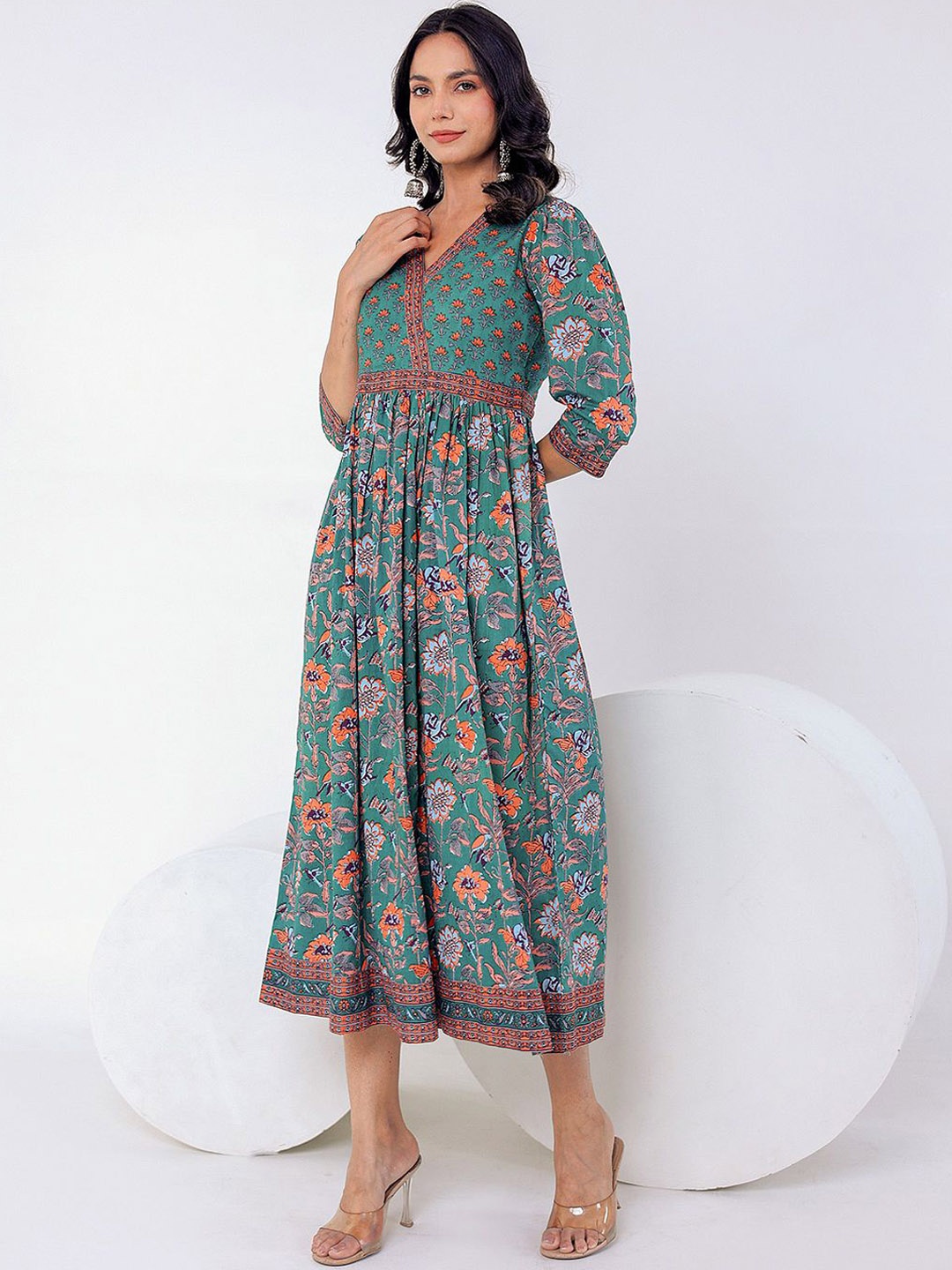 

GULAB CHAND TRENDS Floral Printed V-Neck Cotton Gathered Fit & Flare Midi Ethnic Dress, Green