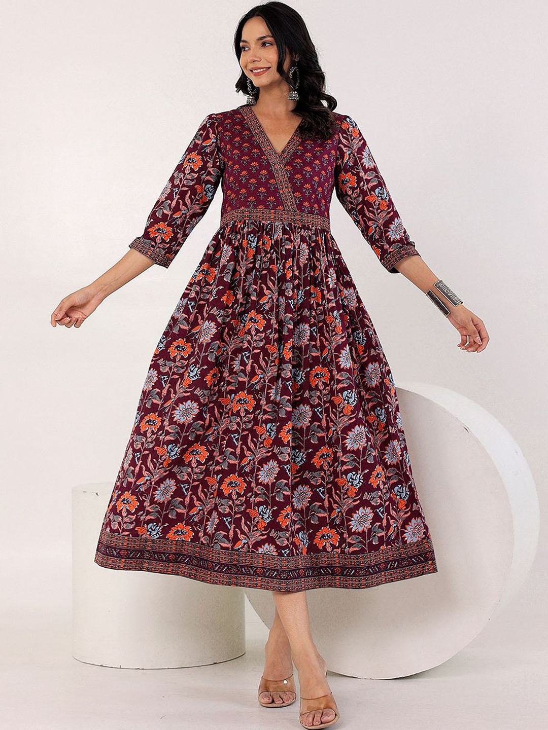 GULAB CHAND TRENDS Floral Cotton Fit & Flare Midi Ethnic Dress, Purple