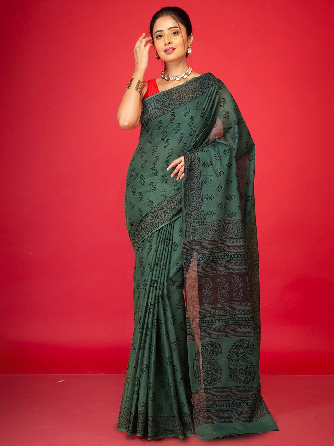 

Unnati Silks Bagh Pure Cotton Handloom Bagh Saree, Green