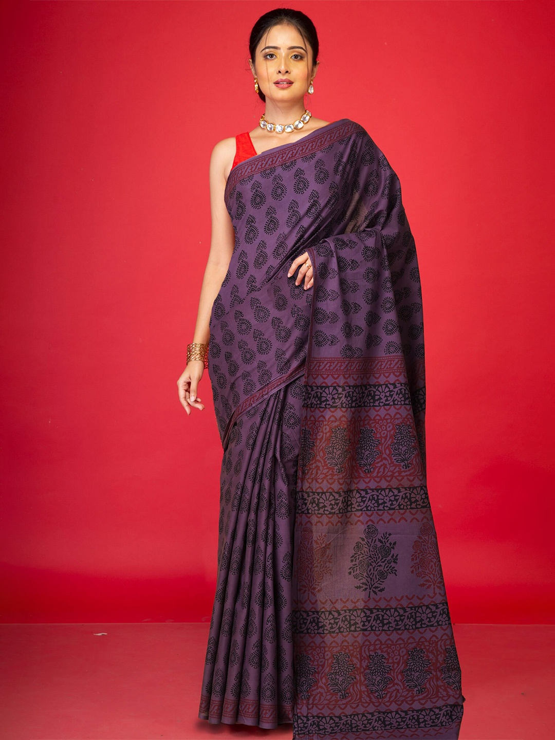 

Unnati Silks Bagh Pure Cotton Handloom Bagh Saree, Violet