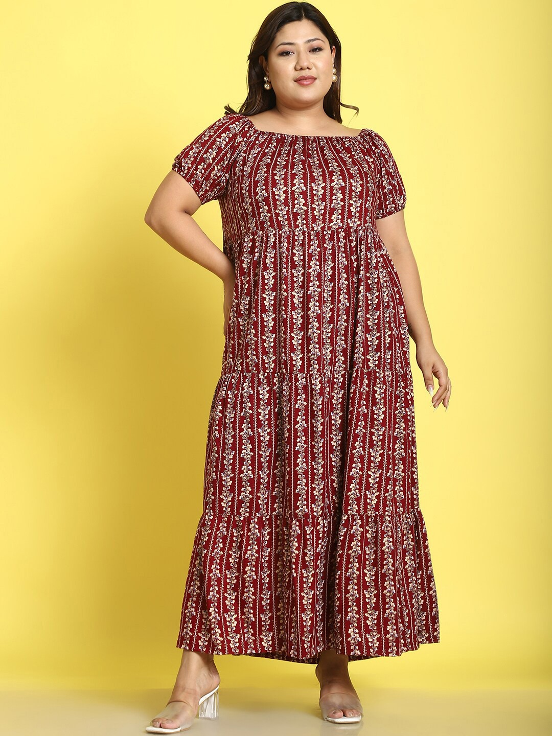 

theRebelinme Plus Size Print Square Neck Short Sleeves Maxi A-Line Dress, Maroon