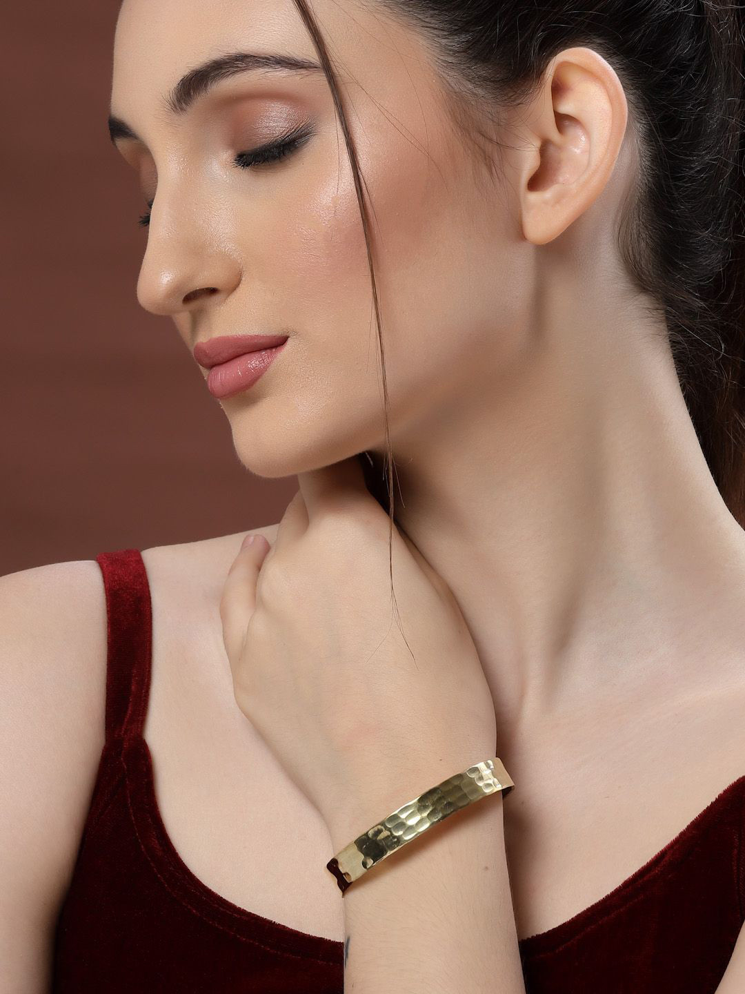 

Sanjog Unisex Gold Plated Statement Brass Stacking Hammered Cuff Bracelet