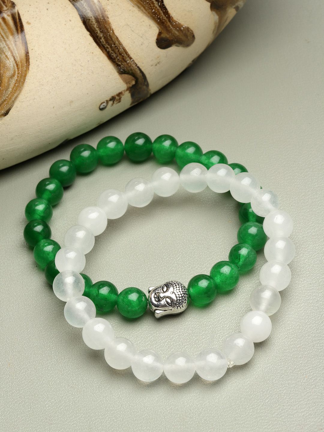 

Sanjog Set Of 2 Pearls Green Buddha Mother Of Pearl Slip-On Elasticated Bracelet