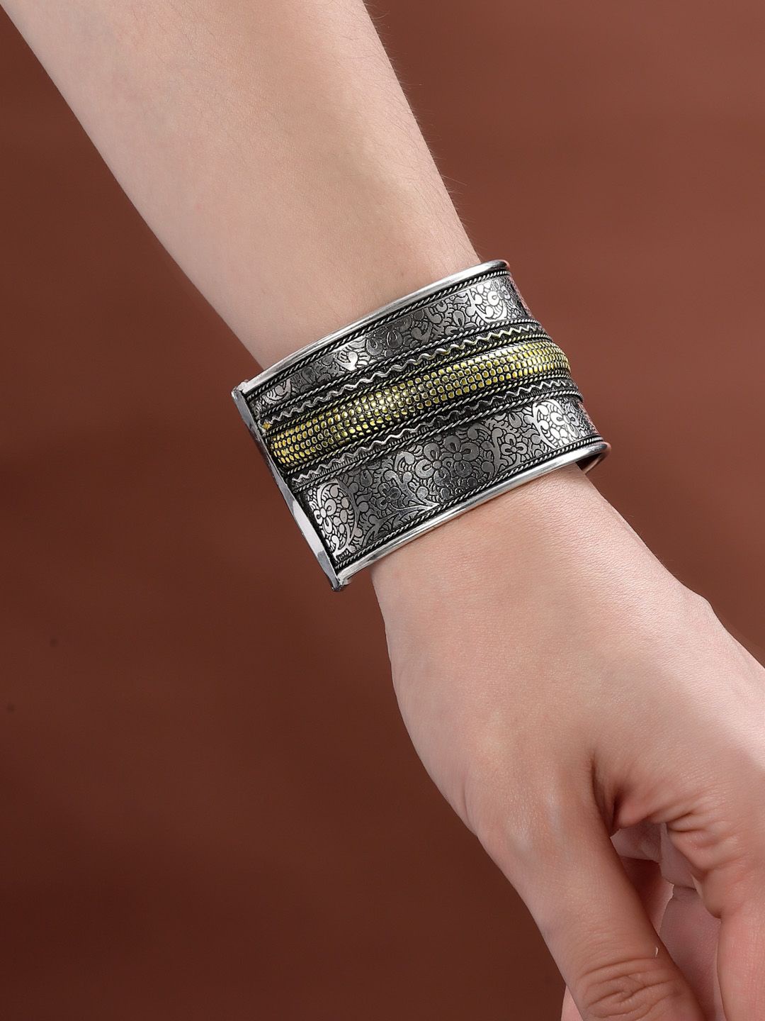 

Sanjog Silver-Plated Due Toned Oxidised Engraved Design Tribal Antique Cuff Bracelet