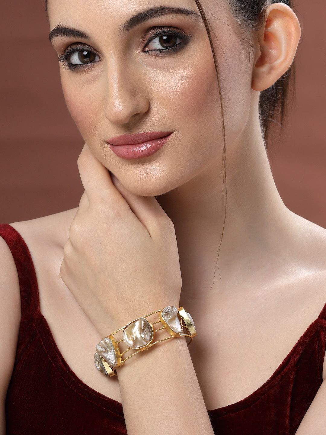 

Sanjog Stone Studded Gold-Plated Brass Cuff Adjustable Bracelet