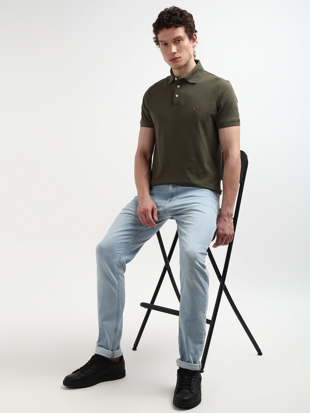 

Tommy Hilfiger Men Solid Polo Collar Pure Cotton Slim Fit T-shirt, Olive