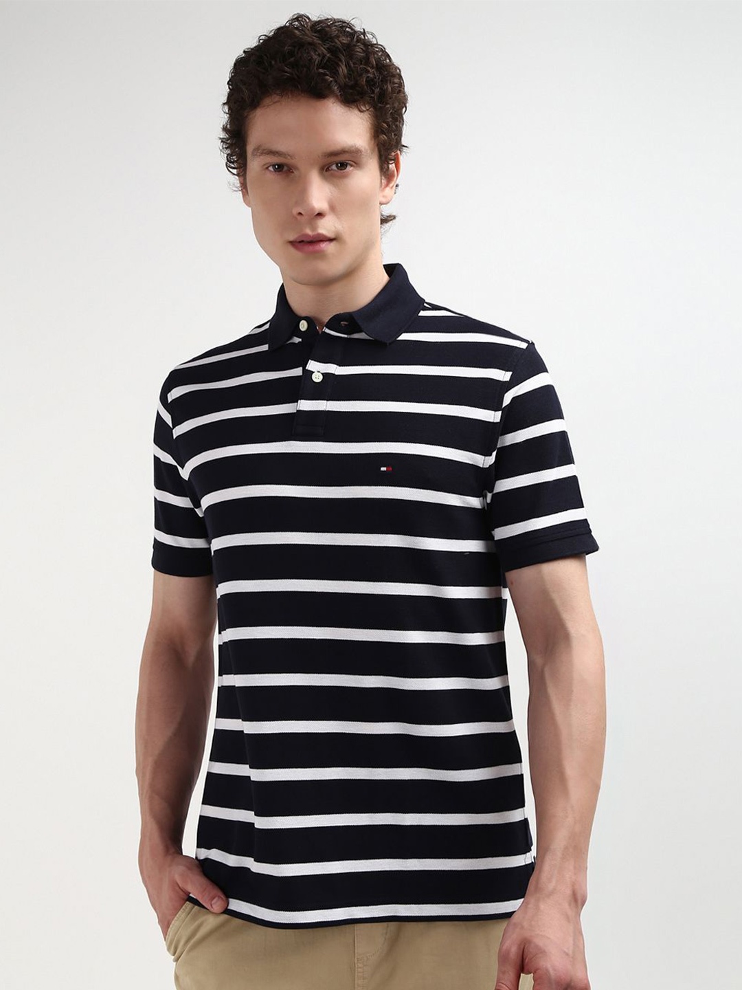 

Tommy Hilfiger Men Striped Monochrome Pure Cotton Polo Collar T-shirt, Black