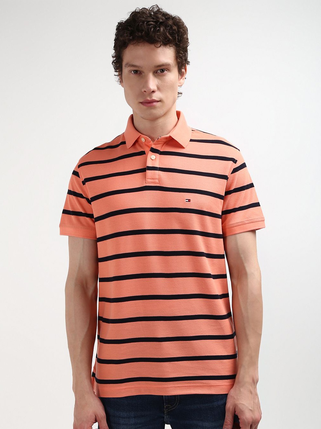 

Tommy Hilfiger Men Striped Polo Collar Pure Cotton T-shirt, Peach