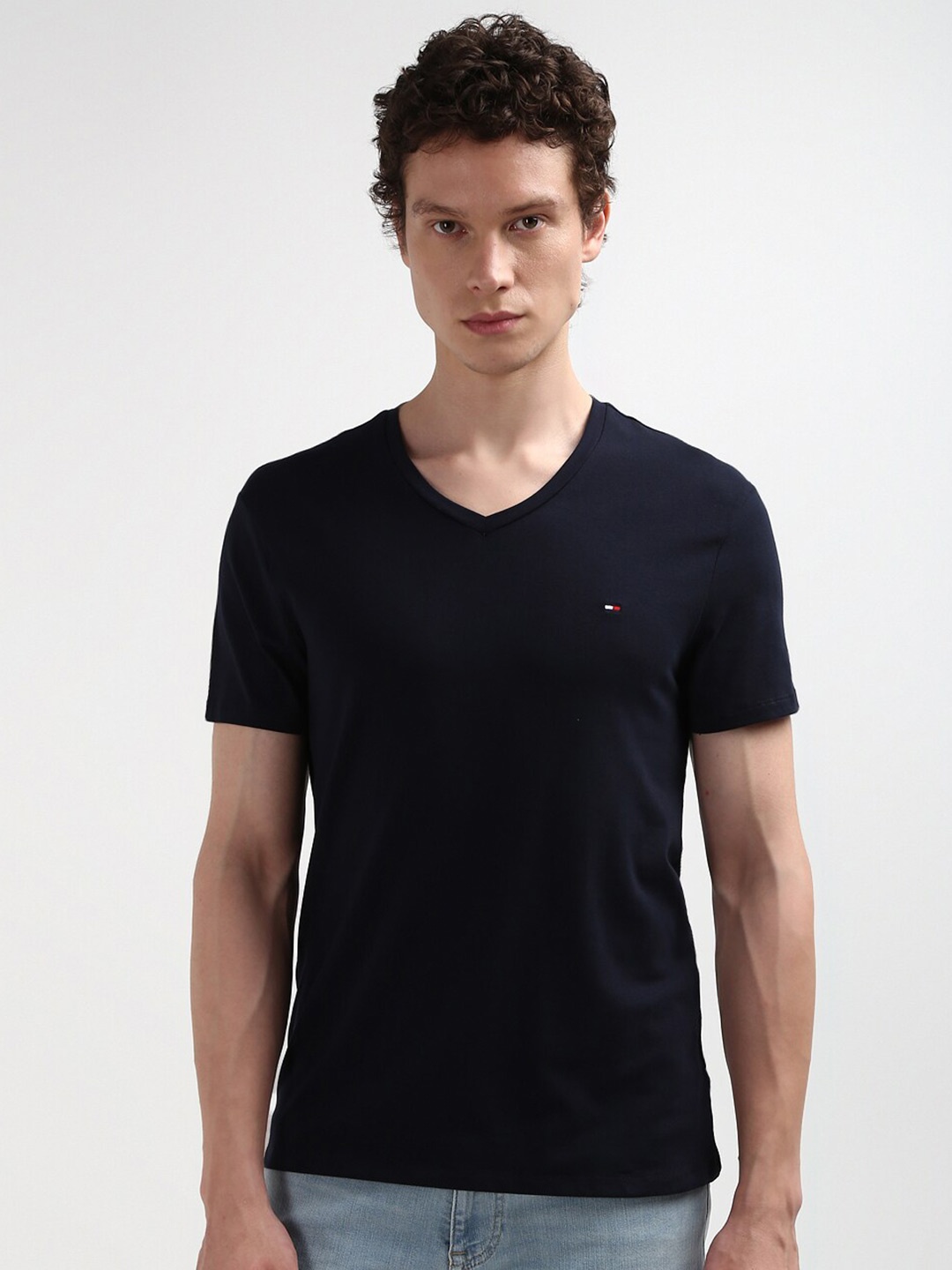 

Tommy Hilfiger Men V-Neck Pure Cotton Solid Slim Fit T-shirt, Navy blue