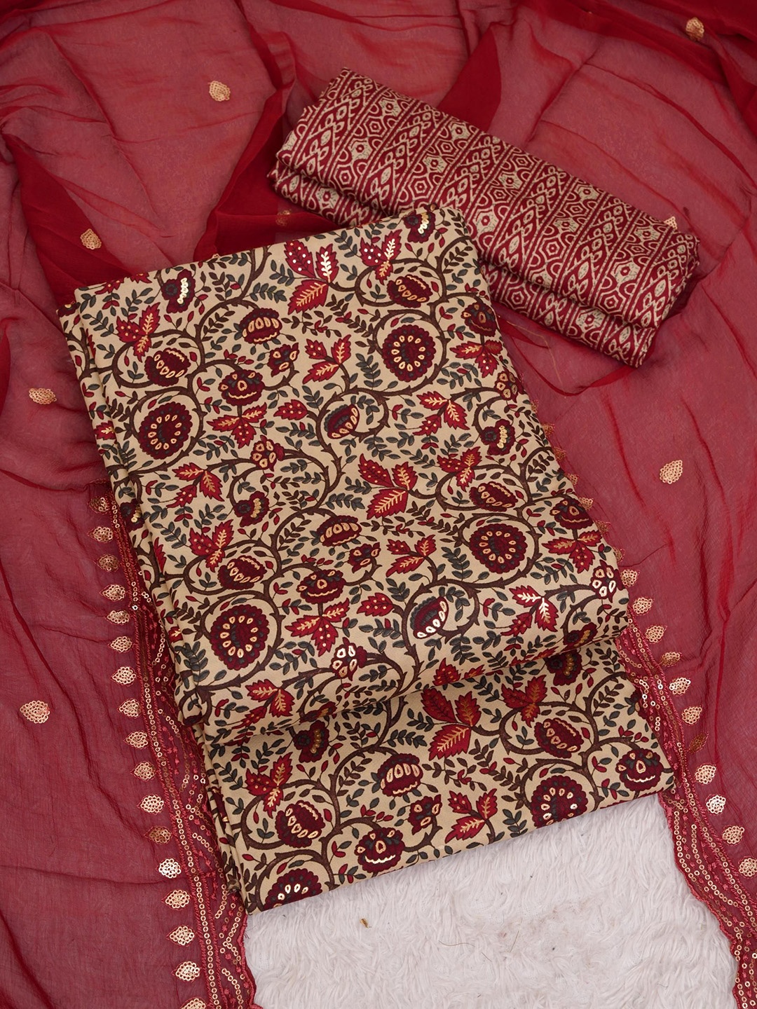 

KALINI Floral Printed Sequinned Unstitched Dress Material, Red