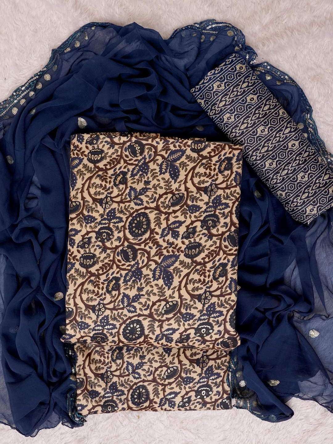 

KALINI Floral Printed Sequinned Unstitched Dress Material, Blue