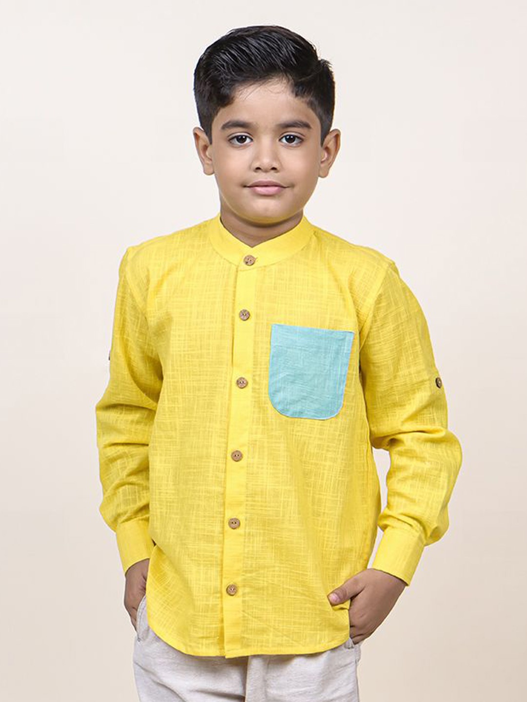 

Jilmil Boys Band Collar Pocket Detailing Casual Shirt, Yellow