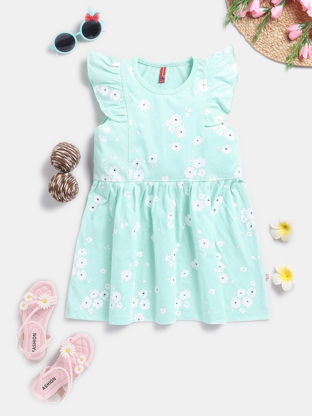 

Here&Now X Game Begins Girls Cotton Printed Flutter Sleeve A-Line Dress, Sea green