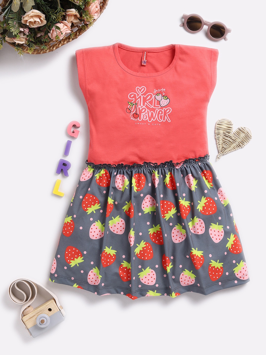 Here&Now X Game Begins Girls Printed Cotton Fit & Flare Dress, Coral