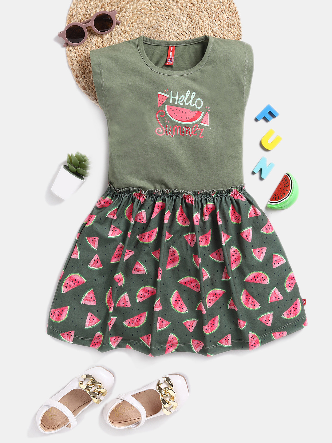 

Here&Now X Game Begins Girls Tropical Printed Pure Cotton Fit & Flare Dress, Olive