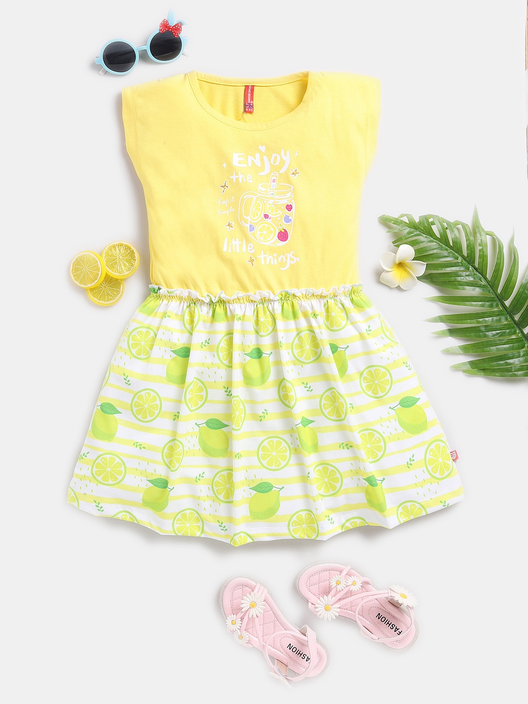 

Here&Now X Game Begins Girls Tropical Printed Pure Cotton Fit & Flare Dress, Yellow