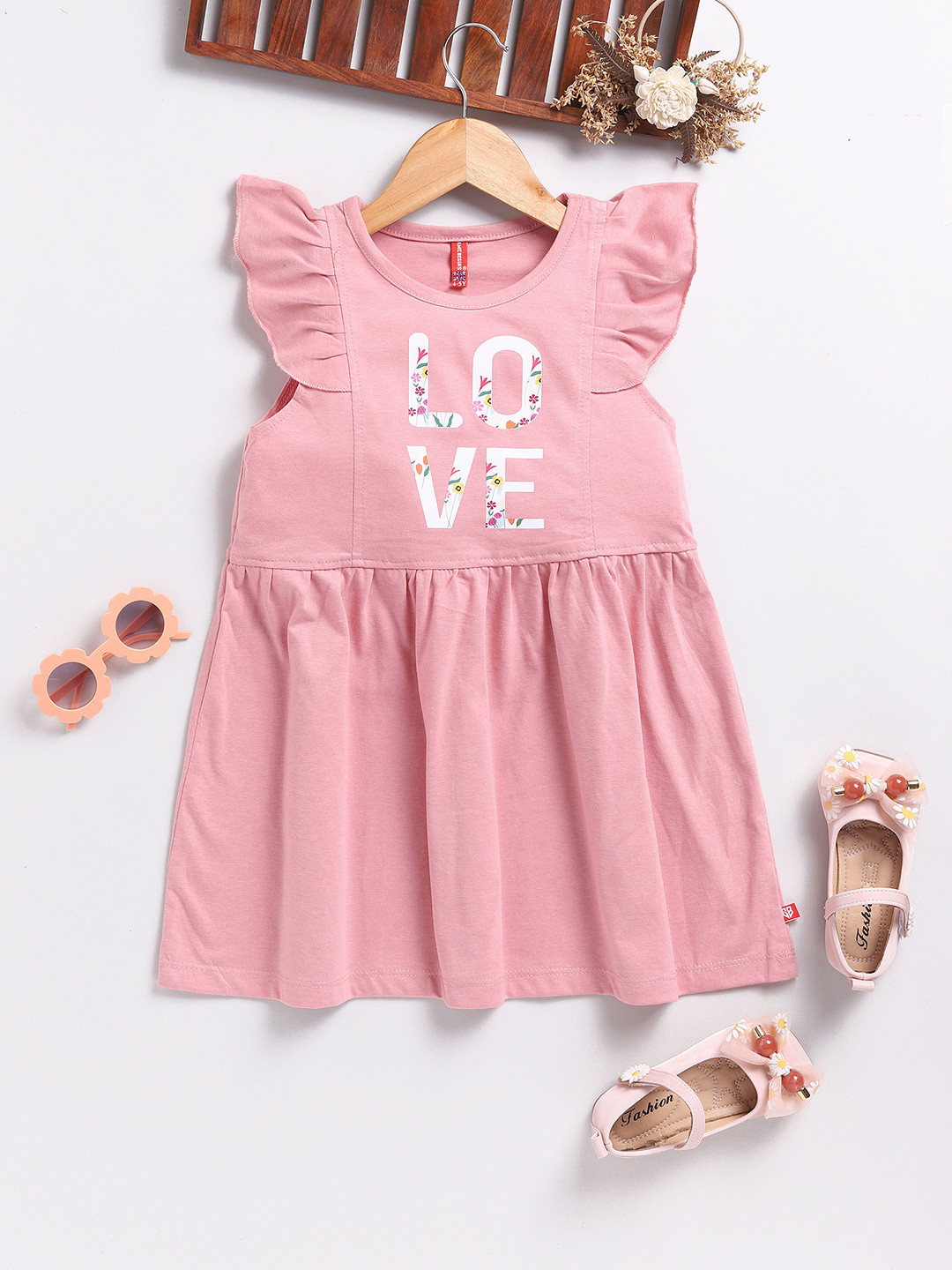 

Here&Now X Game Begins Girls Cotton Printed Flutter Sleeve A-Line Dress, Pink