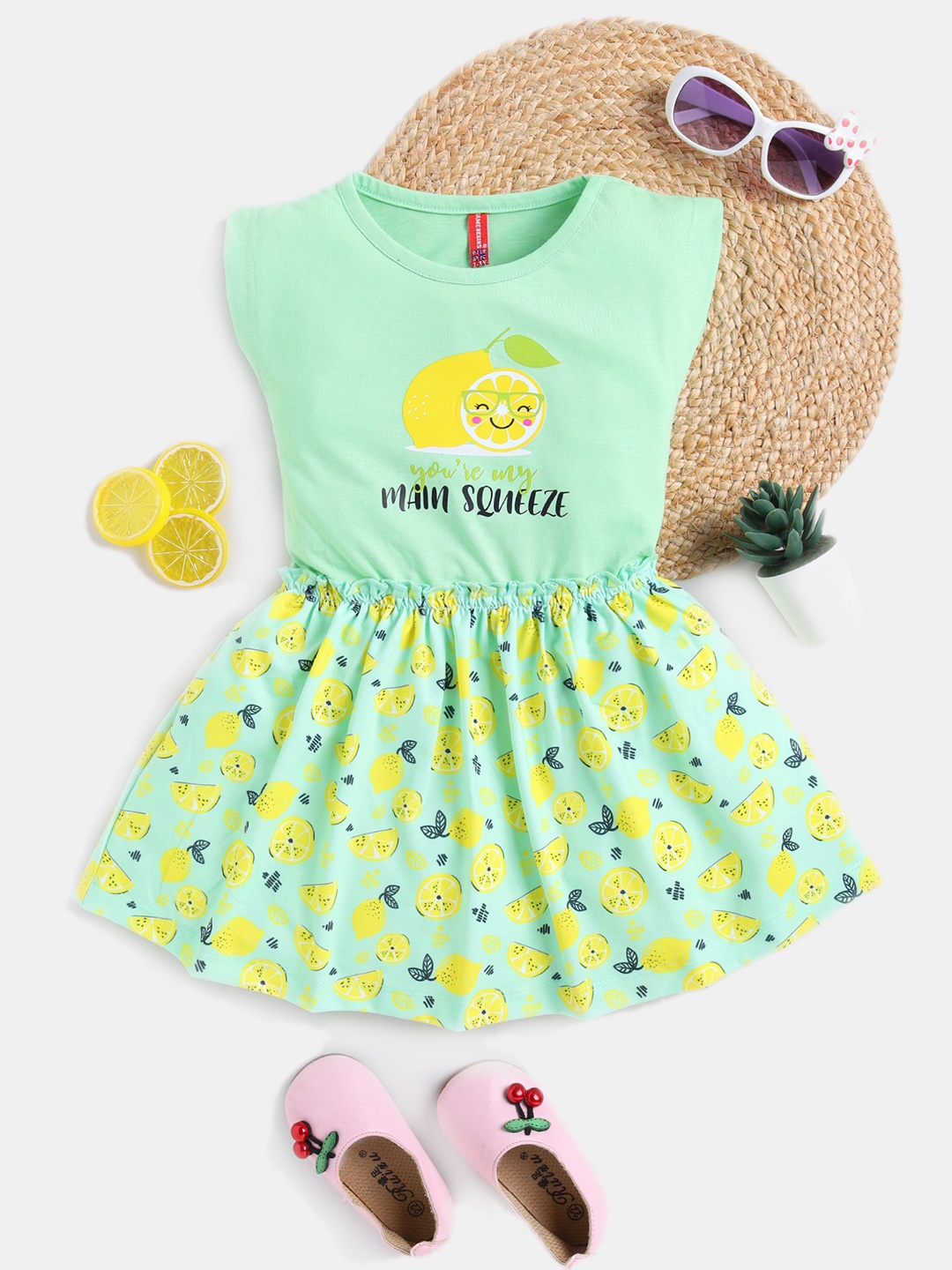 

Here&Now X Game Begins Girls Tropical Printed Pure Cotton Fit & Flare Dress, Green