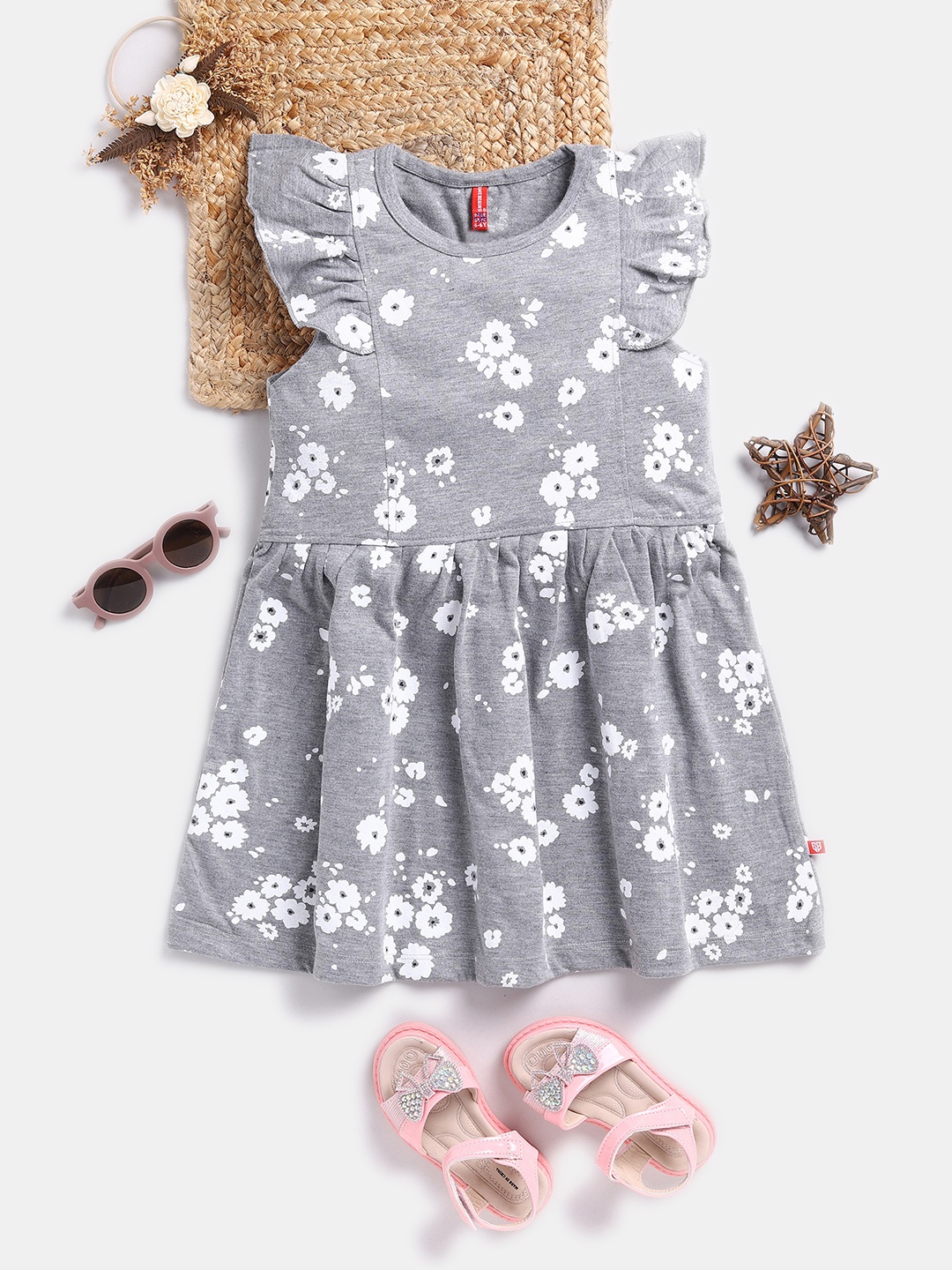 

Here&Now X Game Begins Girls Floral Print Cotton Fit & Flare Dress, Grey