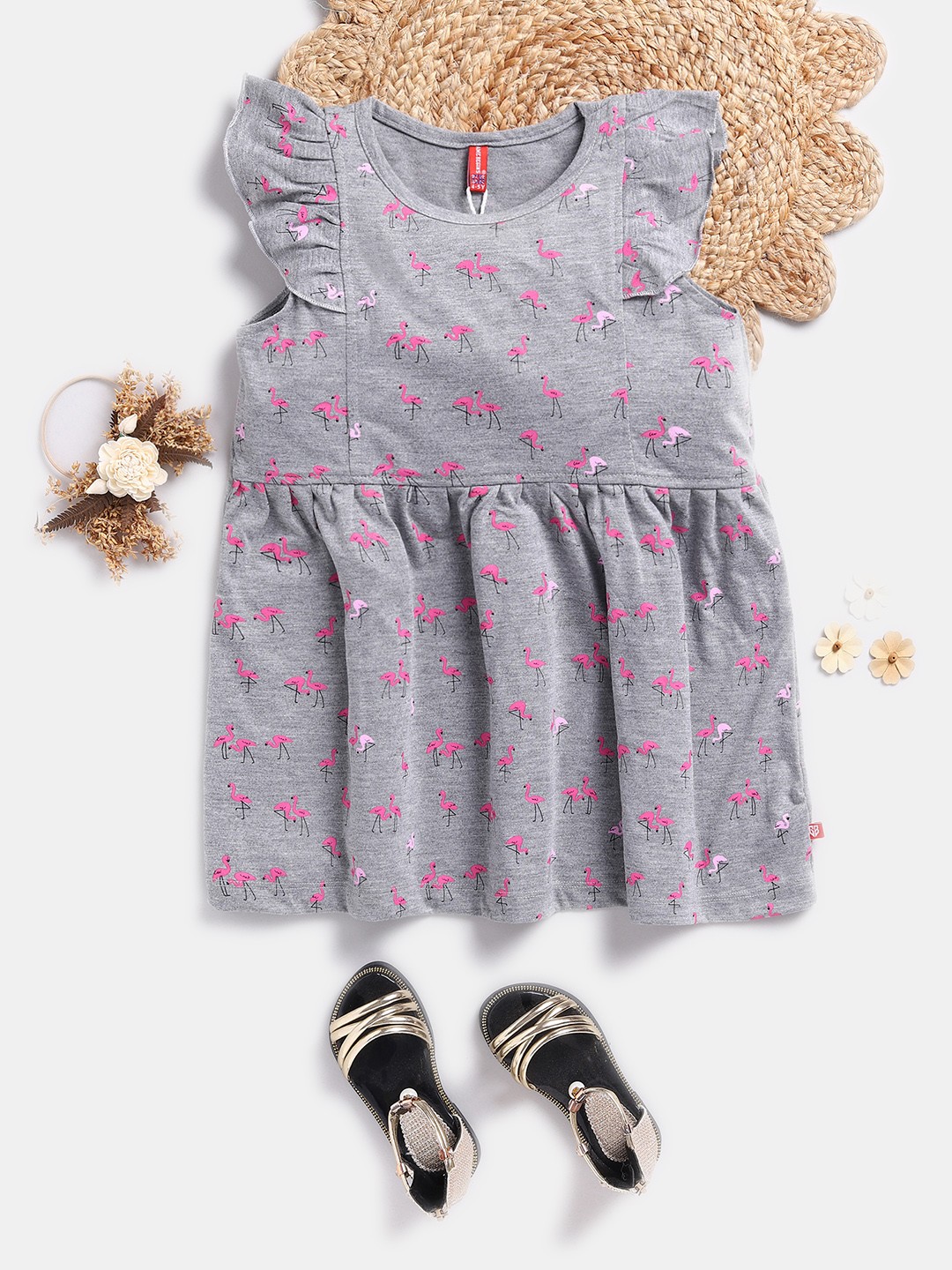 

Here&Now X Game Begins Girls Tropical Printed Pure Cotton Fit & Flare Dress, Grey
