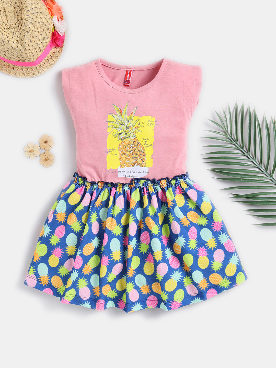 

Here&Now X Game Begins Girls Tropical Print Cotton Fit & Flare Dress, Pink