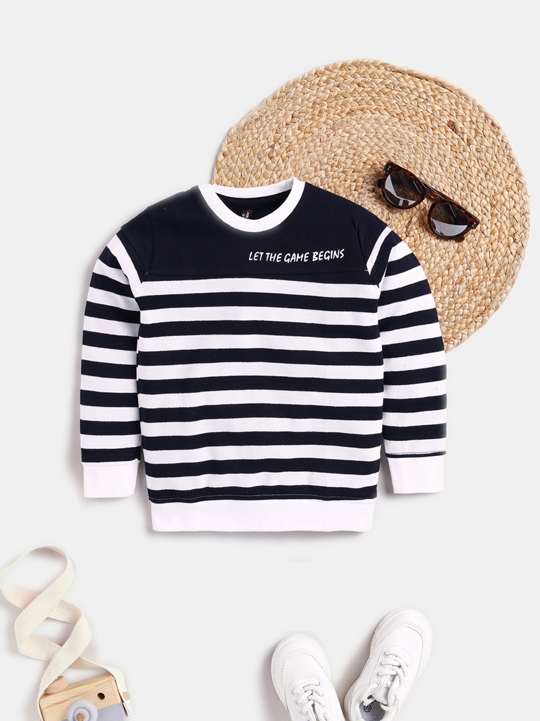 

Here&Now X Game Begins Boys Striped Pure Cotton T-shirt, Navy blue