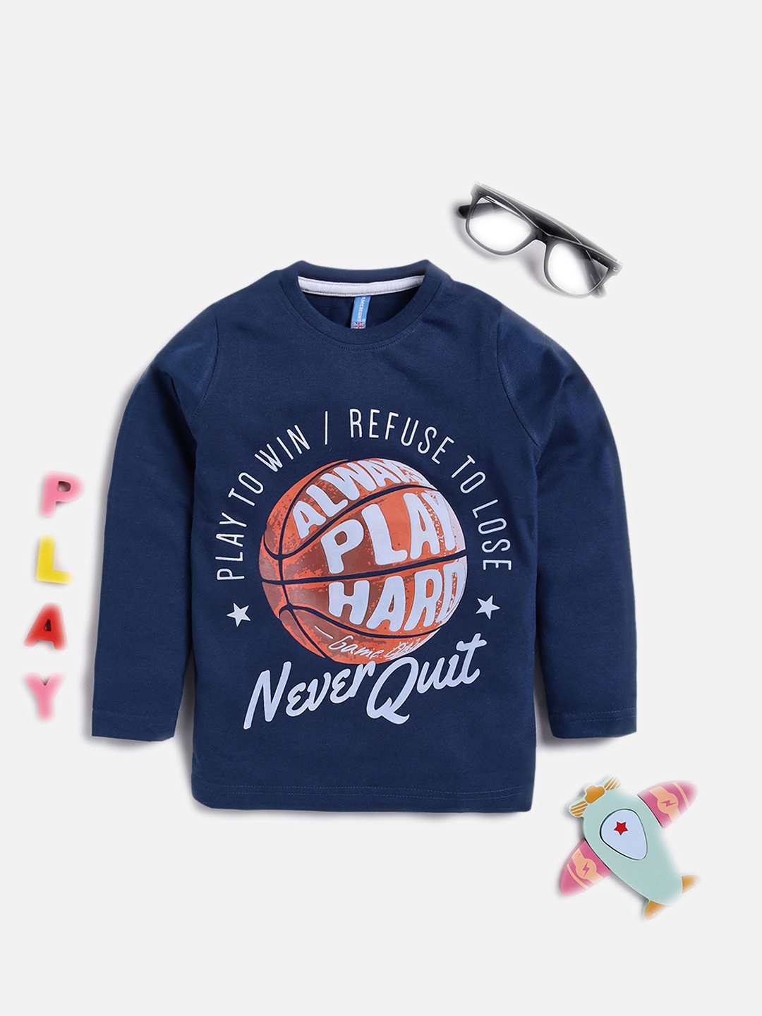 

Here&Now X Game Begins Boys Typography Printed Pure Cotton T-shirt, Navy blue