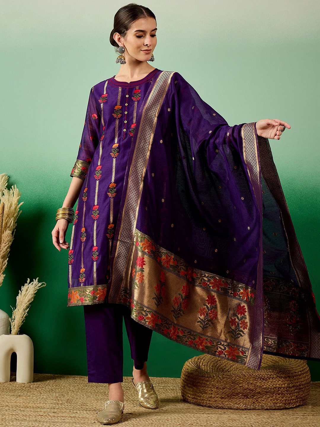 

KAVINDI Regular Chanderi Cotton Kurta with Trousers & Dupatta, Purple