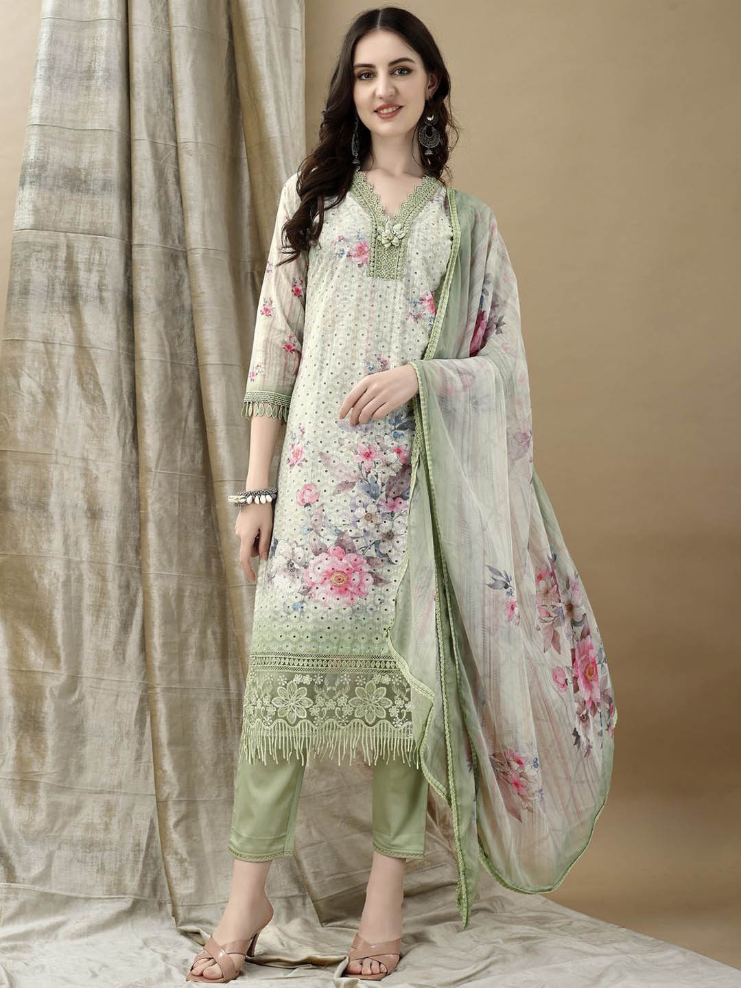 

KALINI Floral Embroidered V-Neck Chikankari Pure Cotton Kurta With Trousers & Dupatta, Green