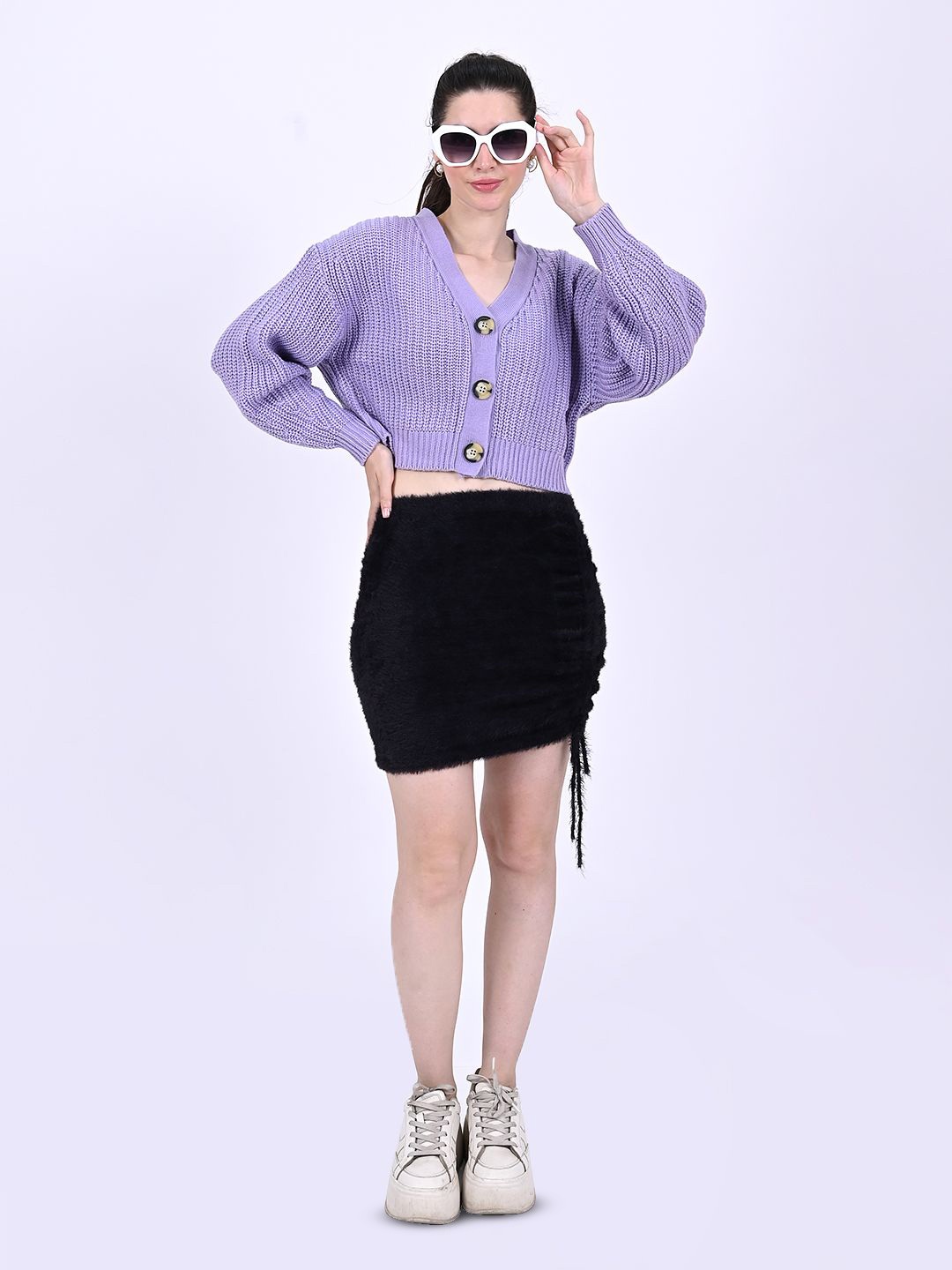 

NoBarr Women Solid Crop V-Neck Cardigan, Purple