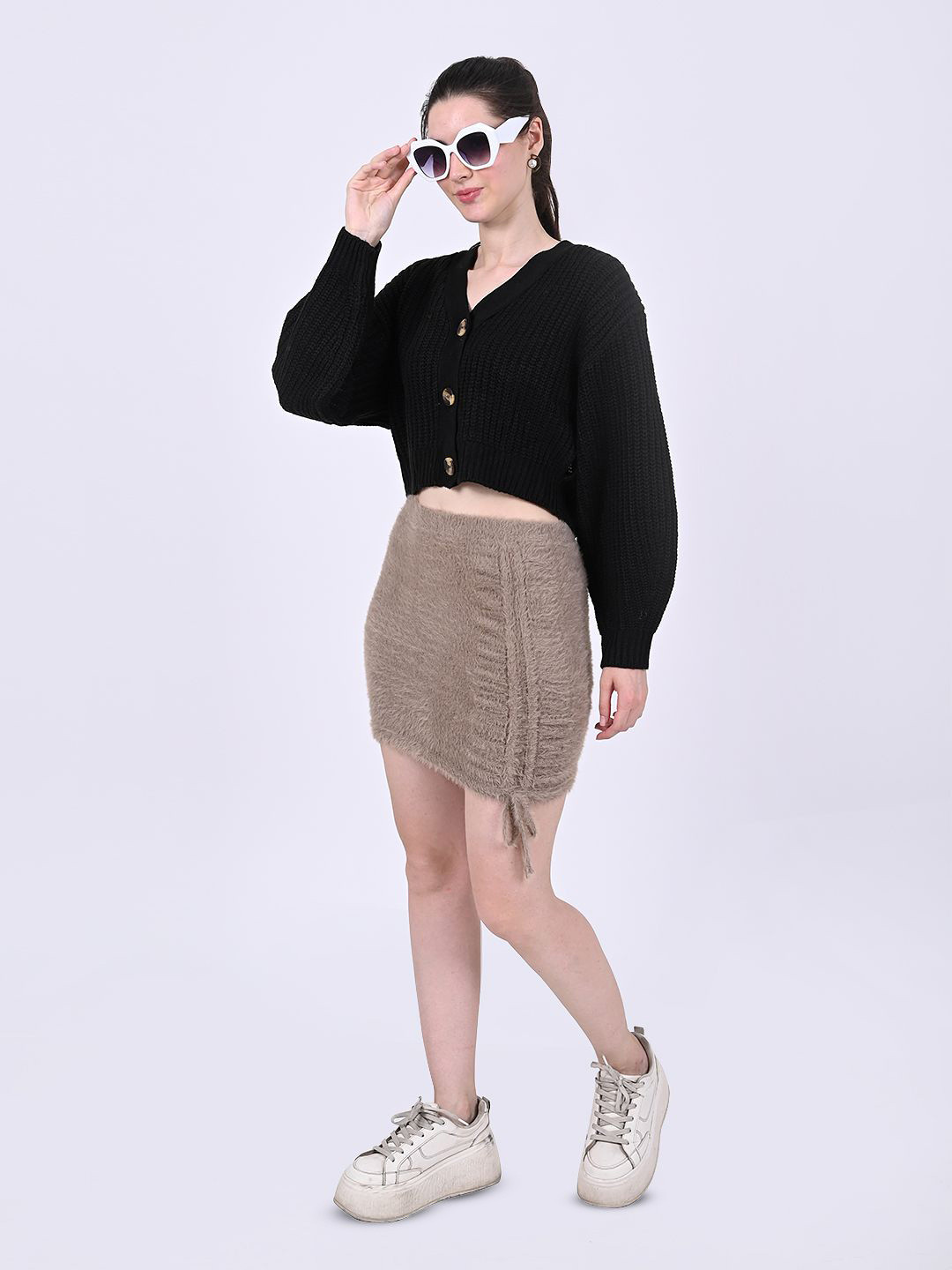 

NoBarr Women Solid Crop V- Neck Cardigan, Black