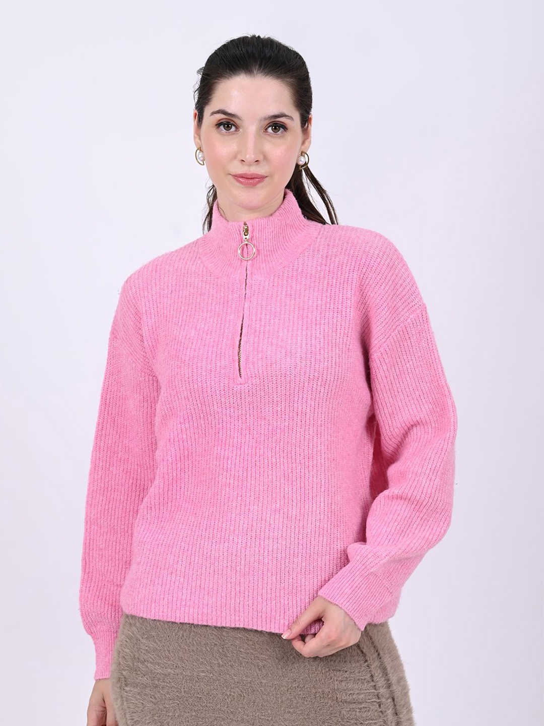 

NoBarr Women Solid Mock Collar Pullover, Pink
