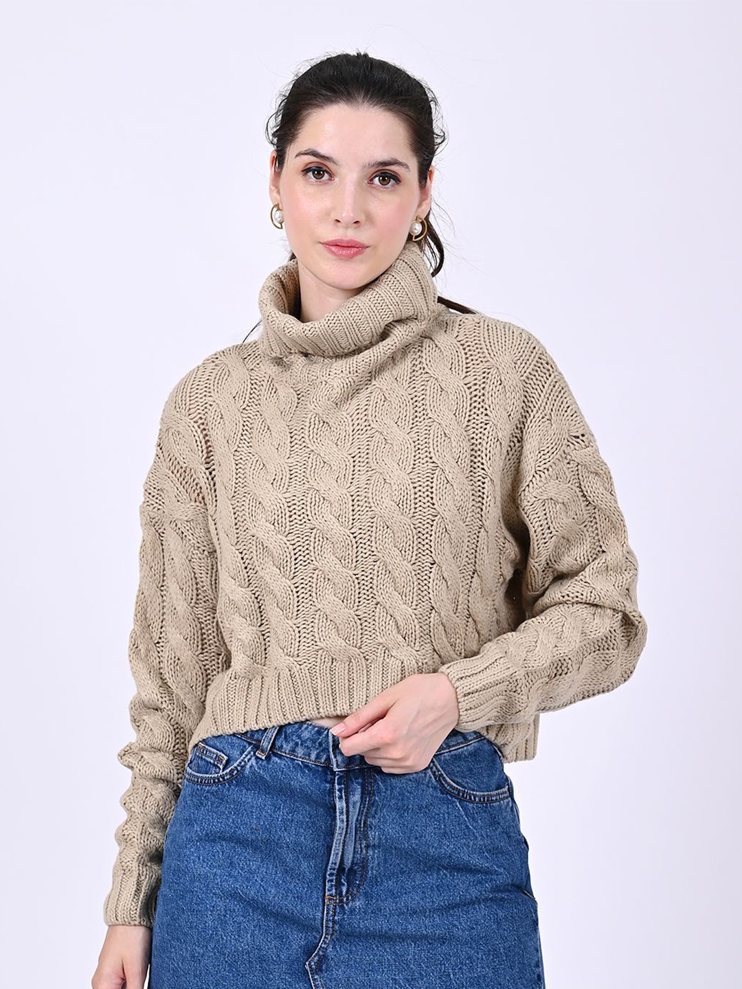 

NoBarr Women Cable Knit Turtle Neck Pullover, Brown